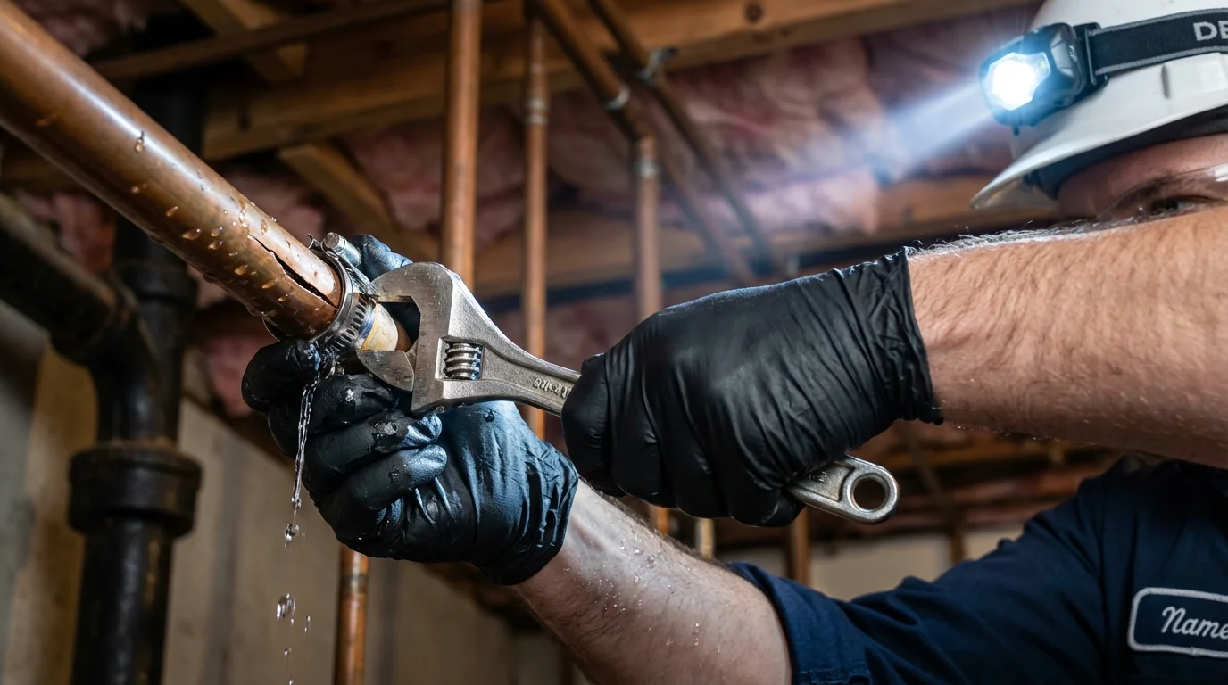 Emergency pipe clamp repair being performed by a Johns Plumbing LLC plumber in Weaverville