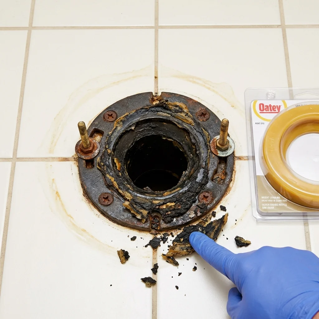 Failed wax ring showing water seepage at the base of a toilet in a Weaverville, NC home