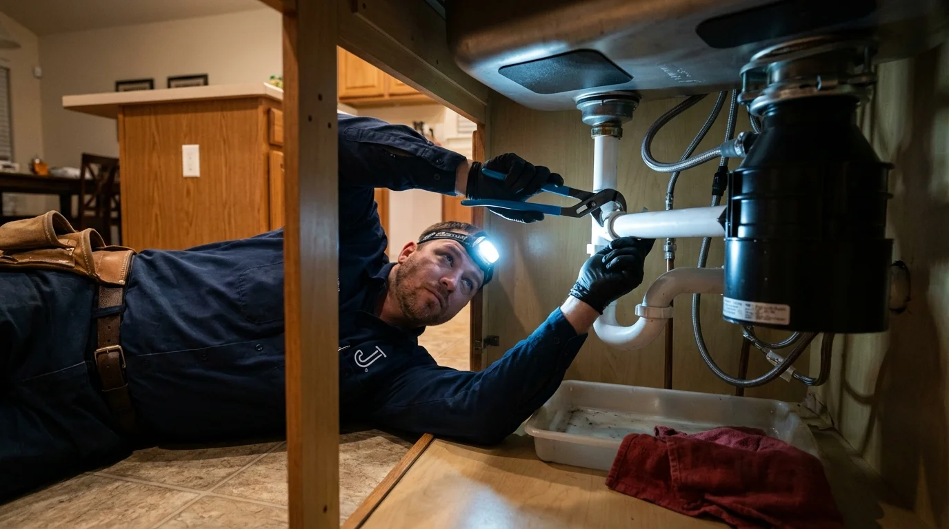 P-trap and supply line connections under a kitchen sink showing a common leak point in Weaverville, NC